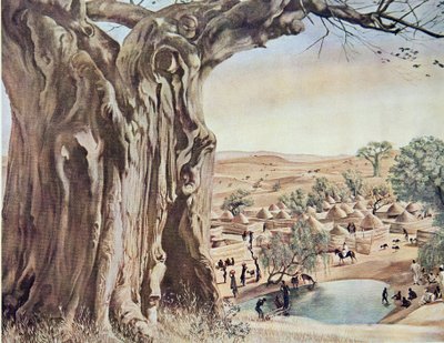 Een Baobab (Soedan), uit Tekeningen en Schilderijen van Afrika, uitgevoerd tijdens de Citroen Centraal Afrika expeditie, tweede missie Haardt Audouin-Dubreuil, uitgegeven Parijs, 1927 door Alexander Yakovlev